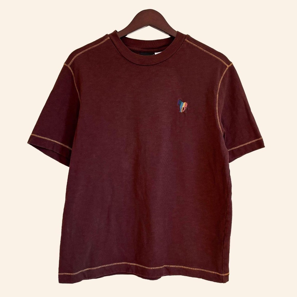Paul Smith PS Zebra Logo Organic Cotton T-Shirt Burgundy Contrast Stitch Medium